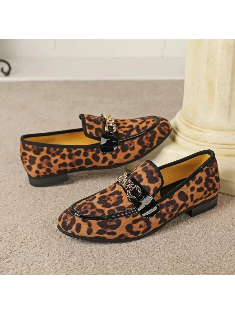 Men's Leopard Velvet Gold Horse Bit Classic Loafer Slip On Casual Dress Shoes